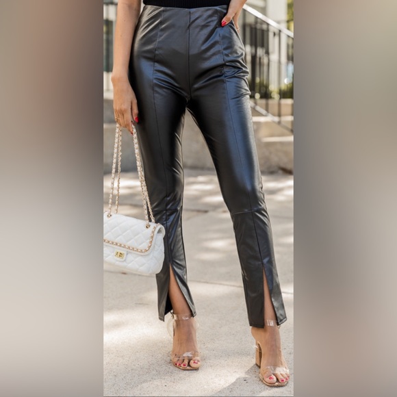 Pink Lily Split Hem Faux Leather Pants - Picture 1 of 2